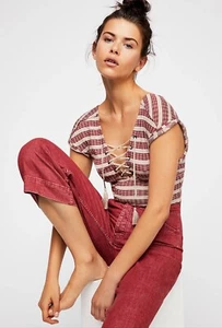 We The Free FP Sail Out Tee Ribbed Stripes Lace Up Grommets Rounded Hem V-back M - Picture 1 of 7