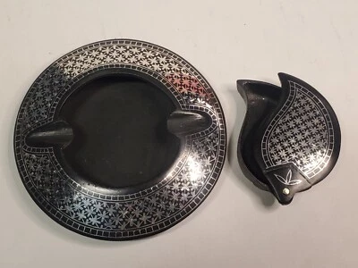 复古铁金属 Bidri Bidriware 印度制造圆形烟灰缸和小饰品盒 — 第 1/4 张图片