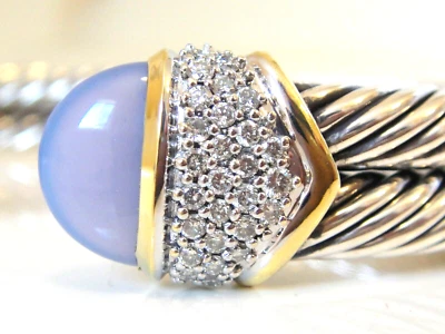 David Yurman 18K 金色,银色双电缆 Chalcedony 钻石手链 2x5 毫米 — 第 1/4 张图片