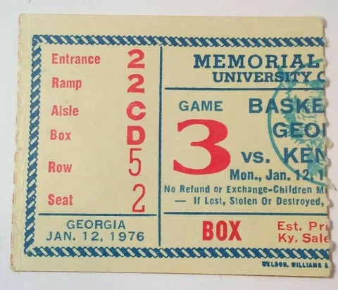 1975-76 Kentucky Wildcats Georgia Bulldogs Basketball Ticket Stub Cover