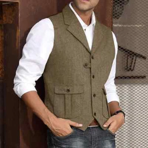 Men's Vest Tweed Lapel Casual Business Sleeveless Jacket Herringbone Vest Coat - Picture 1 of 32