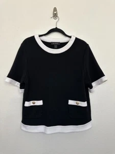 St John Sweater Shirt Short Sleeve Black Contrast Trim Gold Wool Women's Large - Picture 1 of 8