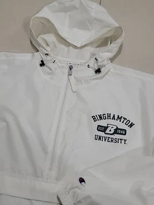 XL CHAMPION×BINGHAMTON UNIVERSITY GIACCA A VENTO PULLOVER ZIP BIANCO/VERDE EX - Foto 1 di 12