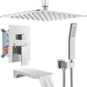 Regenmischer Duscharmatur Set Kombi mit Wasserfall Wanne Auslauf Regenduschsystem C - Bild 1 von 12