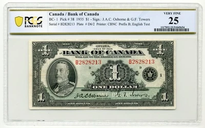 1935 $1 Bank of Canada, BC-1 Series B,  Very Fine, PCGS VF25 - Image 1 of 2