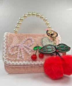 Willow & Ruby Girls' Pink Lace Mini Crossbody Bag with Pearl Handle and Cherries - Picture 1 of 4