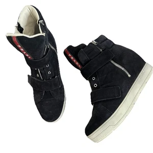 Prada Womens Black Suede 1” Heel Zip Up Wedge High Top Sneaker Boots 40 EU 10 US - Picture 1 of 14