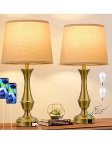 Touch Lamps Set of 2 - Bedside Lamps with USB C+A, 3 Way Dimmable (Brown&Gold) - Picture 1 of 9