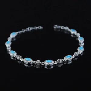Women Dainty Oval Silver Oval Turquoise Tennis Bracelet - Picture 1 of 9