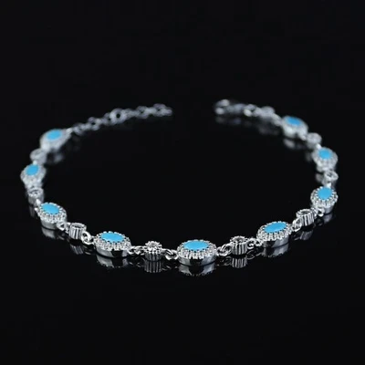 Women Dainty Oval Silver Oval Turquoise Tennis Bracelet - Image 1 of 4