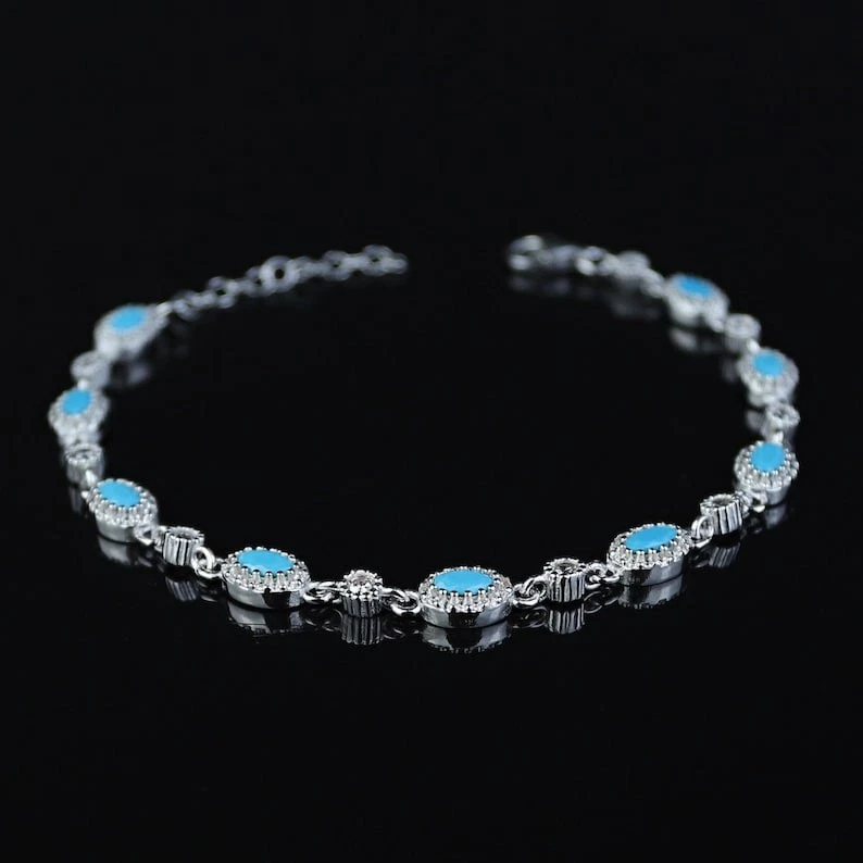 Women Dainty Oval Silver Oval Turquoise Tennis Bracelet - Image 1 of 4