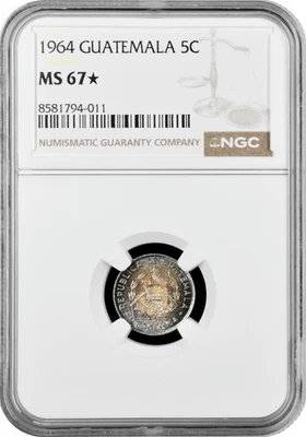 Guatemala 5 centavos 1964, NGC MS67*, "Republic of Guatemala (1949 - 2017)" - Image 1 of 2