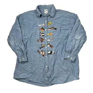 Camicia Looney Tunes WB Chambray vintage 1999 ricamata Taz Tweety DIFETTO blu XL - Foto 1 di 6