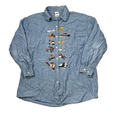 Looney Tunes WB Chambray Shirt VTG 1999 Embroidered Taz Tweety FLAW Blue XL - Image 1 of 4