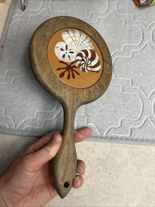 Vintage Hand Held Wood Vanity Beveled Mirror with Shells - Picture 1 of 4