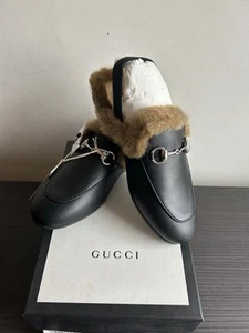 GUCCI Niños Cuero Negro Princetown Mules Talla 32 Nuevo En Caja - Imagen 1 de 4