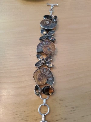 Brazalete de plata de ley 925 con piedras preciosas de cuarzo y fósil de amonita 7-8" ¡Nuevo! Foto 1 de 4