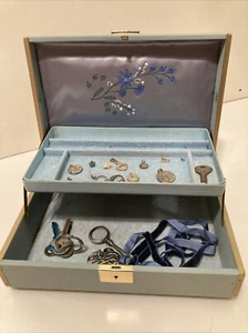 Vintage Hinged 2 Tier Locking Jewelry Box Light Blue W/ Velvet Lining No Key - Picture 1 of 15