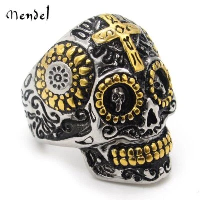 Anillo calavera MENDEL chapado en oro para motociclista para hombre de acero inoxidable talla 7-15 Foto 1 de 4