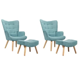 Oikiture 2x Armchair Lounge Chair Ottoman Fabric Sofa Blue - Picture 1 of 7