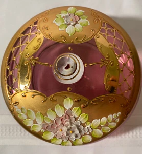 Tarro floral dorado dorado de vidrio artístico bohemio checo con tapa flores esmaltadas - Imagen 1 de 23