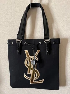 Yves Saint Laurent Black Tote Bag Canvas Cosmetics YSL Gold Logo from japan