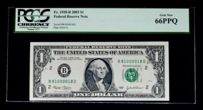 Radar Rotator Serial Number B81000018D 2003 $1 Dollar FRN New York PCGS 66 PPQ - Image 1 of 3