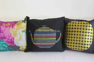 Art Deco Stitch Embroidered TeaPot Set Home Cotton CUSHION COVER PILLOW CASE 20" - Bild 1 von 5