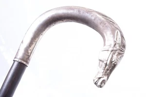 ✅ ANTIQUE CANE WALKING STICK HALL MARKED SILVER HORSE HEAD HANDLE 93CM, 36.6” - Picture 1 of 11