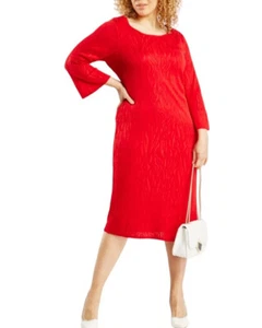 Ladies Red Metallic Insert Midi Party Long Sleeve Plus Size Womens Dress UK14-28 - Picture 1 of 4