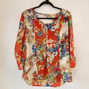 Figueroa & Flower Floral Blouse Top Orange Peasant Shirt Boho Women's L - Picture 1 of 8