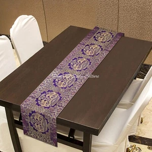 Indian Brocade Table Runner Jacquard Violet Elephant Long Dining Tablecloth - Picture 1 of 6