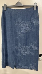 AVOCA Renaissance Blue Linen & Cotton Embroidered Midi Length Skirt Size 14 - Picture 1 of 14
