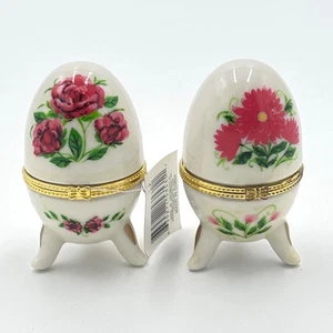 Juego de 2 cajas de baratijas con bisagras en forma de huevo de porcelana Vint con diseños florales - Imagen 1 de 10