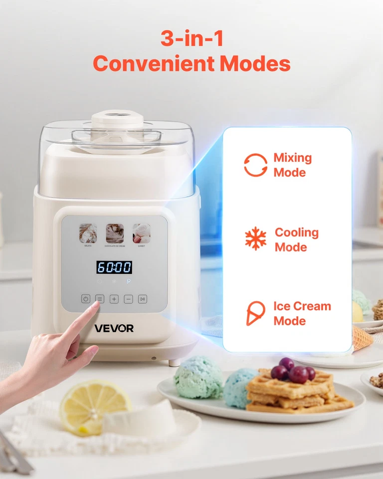 VEVOR 1 Quart Automatic Ice Cream Maker with Built-in Compressor No Pre-freezing