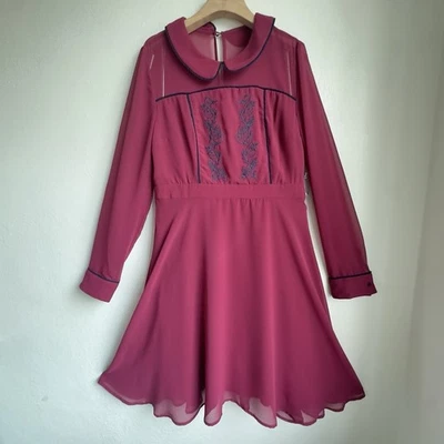 Modcloth NWT Burgundy Pretty Performative Embroider Dress Long Sleeve Retro Sz L - Image 1 of 4