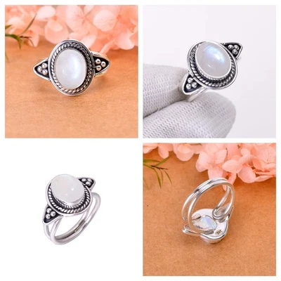 Anillos gitanos boho de piedra lunar arco iris Srilanka plata de ley 925 joyería retro AA Foto 1 de 4