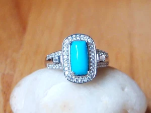 Arizona Sleeping Beauty Turquoise & Natural Zircon 925 Sterling Silver Ring Sz L - Picture 1 of 6