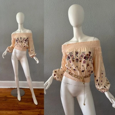 Vintage 70s Gauze Off Shoulder Embroidered Mexican Hippie Boho Crop Top Blouse - Image 1 of 4