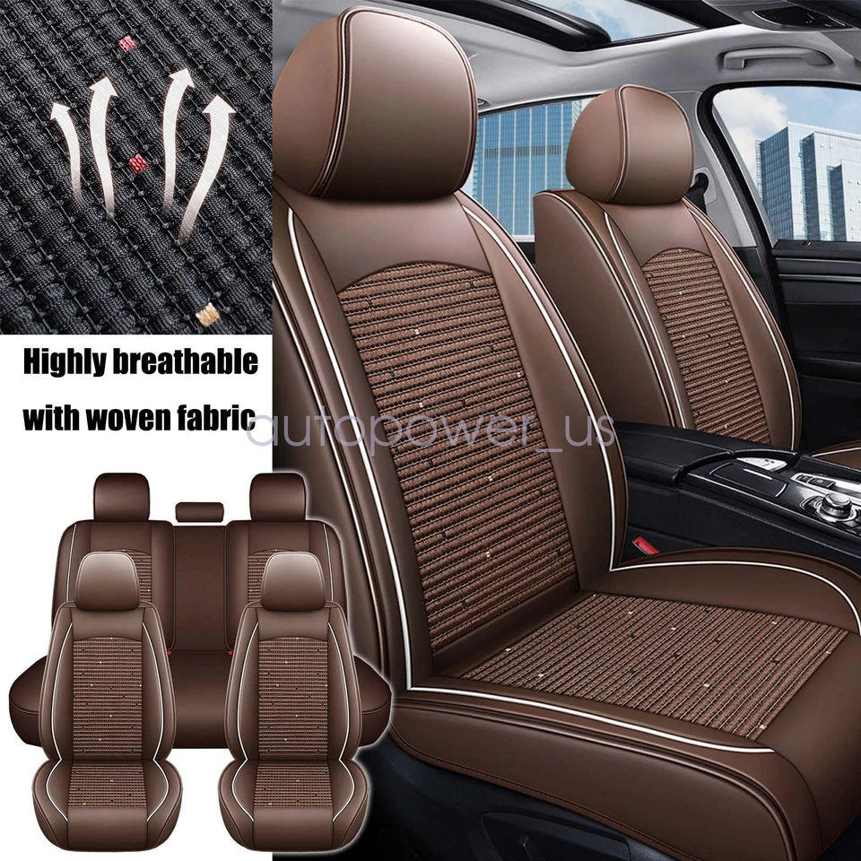 Fits Toyota Car 5-Seat Ice Silk & Leather Cover Front & Rear Protector Brown New Foto 1 de 4