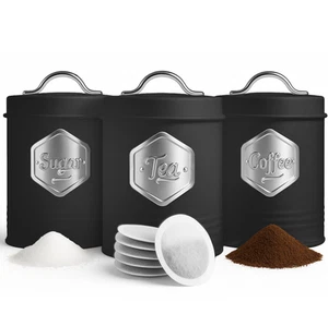 HEFTMAN Kitchen Canisters Storage Containers Tea Coffee Sugar Set of 3 Black - Picture 1 of 8