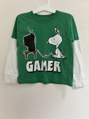 Peanuts Kid Boy Cute Snoopy Gamer Cotton Blend 2-In-1 Long Sleeve Shirt Green XS - Image 1 of 4