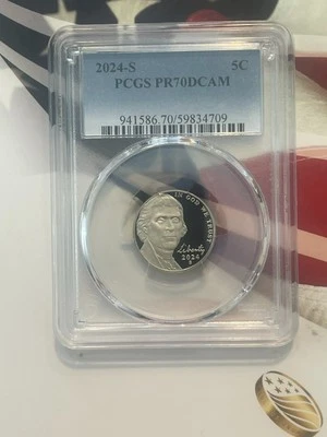 2024 S 5C Jefferson Níquel PCGS PR70DCAM ETIQUETA AZUL (BAIXA CUNHAGEM) - Imagem 1 de 2