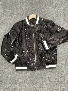 Que Bomber Jacket Womens Large Beaded Full Zip Black Embellished N182 - Picture 1 of 7