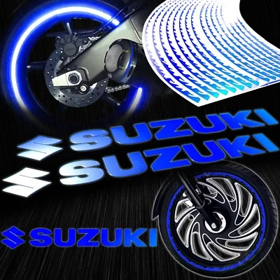 Calcomanía reflectante con logotipo de 8" + cinta de llanta de fuego/llama/pegatina a rayas de rueda azul Suzuki Foto 1 de 4