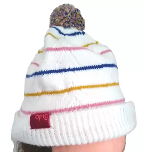 BULA Pom Pom Beanie Hat Cap White Multicolor Stripe Knit Acrylic Women's - Picture 1 of 9