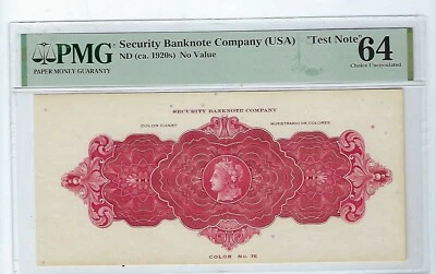 (ca.1920s) Security Banknote Com. Test Note PMG 64 May be the only one known - Image 1 of 2