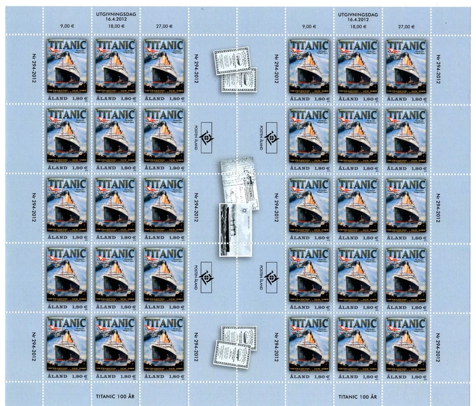 Aland - Finland 2012 Titanic - boats - ships Full sheet MNH (Face Value 54 Euro) - Image 1 of 1