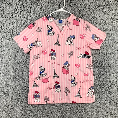 Disney Scrub Top Womens Small Pink 101 dalmatians in Paris cartoon medical *78 - Image 1 of 4