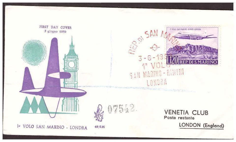 FDC Venetia Club San Marino 1959 - Flight London - Image 1 of 1